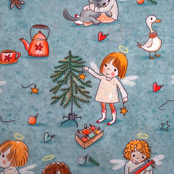 Baumwoll Popeline SUSAlabims Weihnachtswerkstatt blau, Stoffonkel